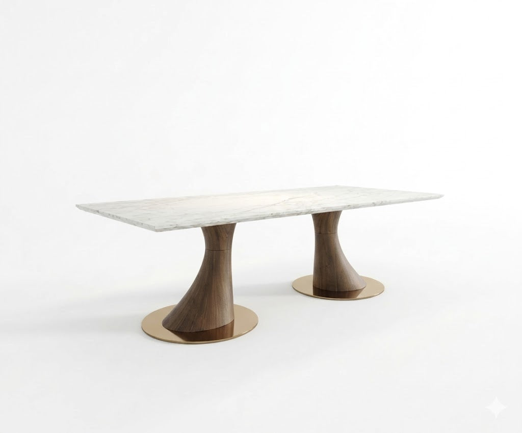 S2202/ONYX dining table in a city-view dining room with a linear chandelier