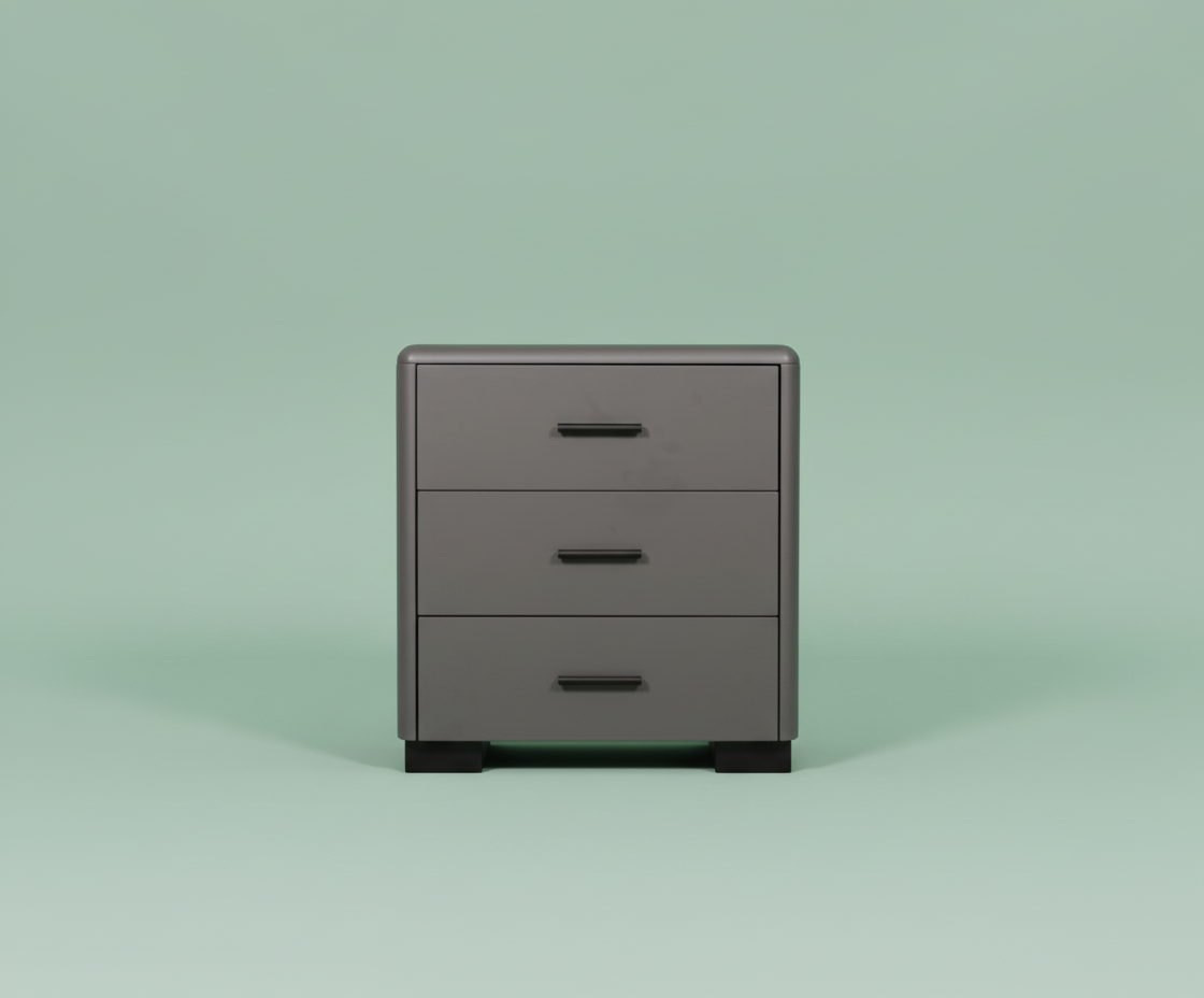 S3-D23 taupe drawer nightstand, front view of three drawers with dark pulls