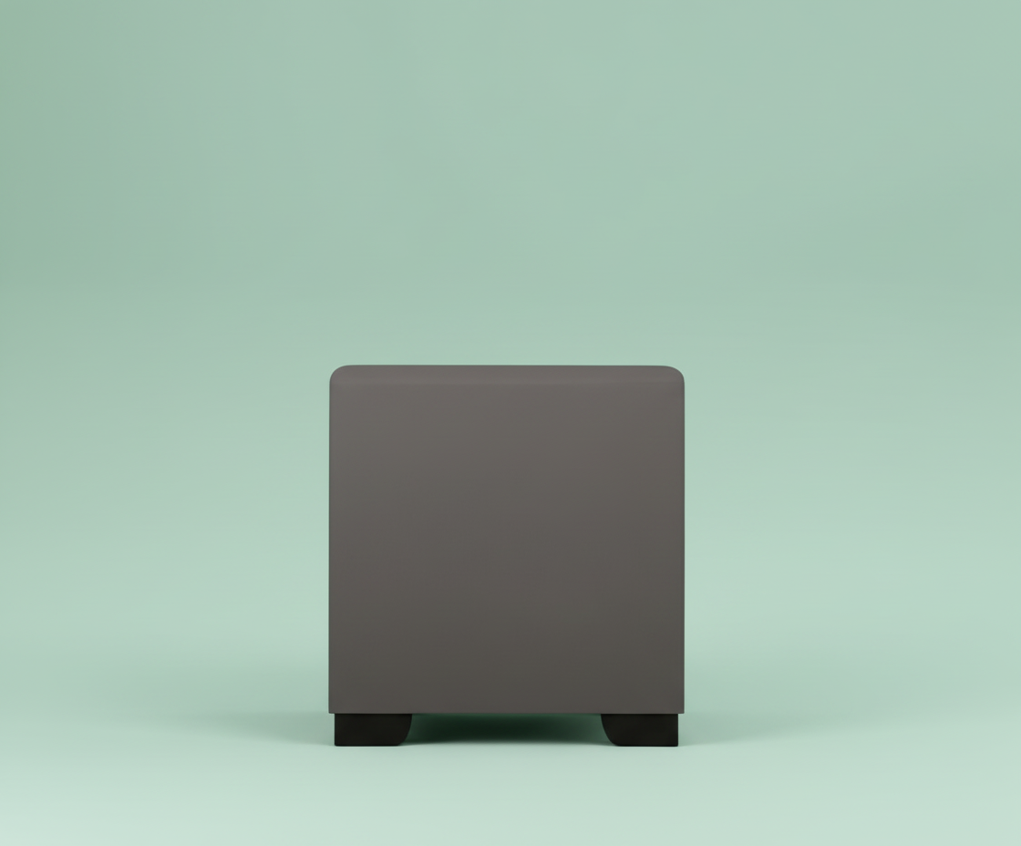 S3-D23 taupe drawer nightstand, front view of three drawers with dark pulls