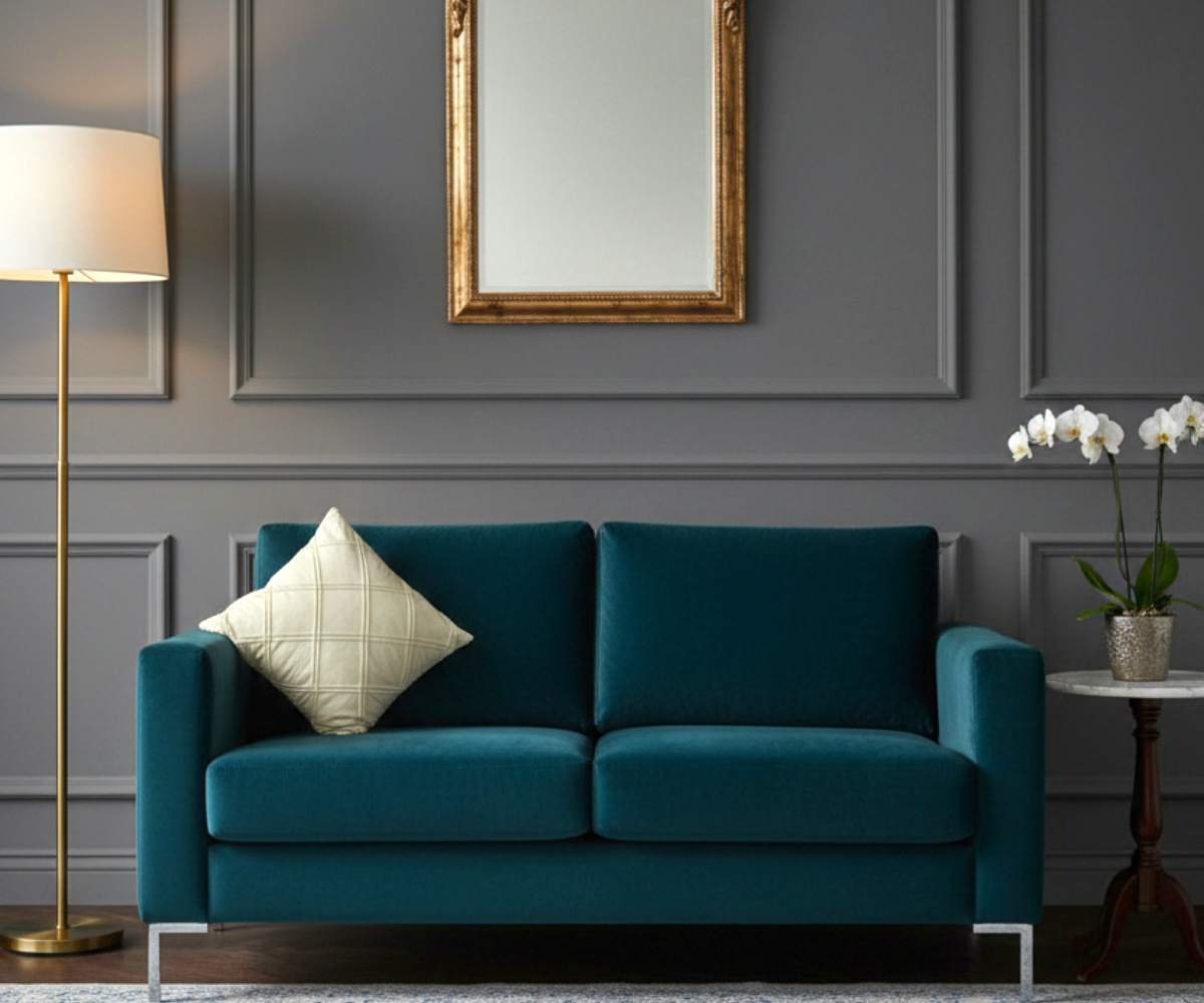 Sage pintuck velvet cushion cover on a teal sofa in a grey panelled room