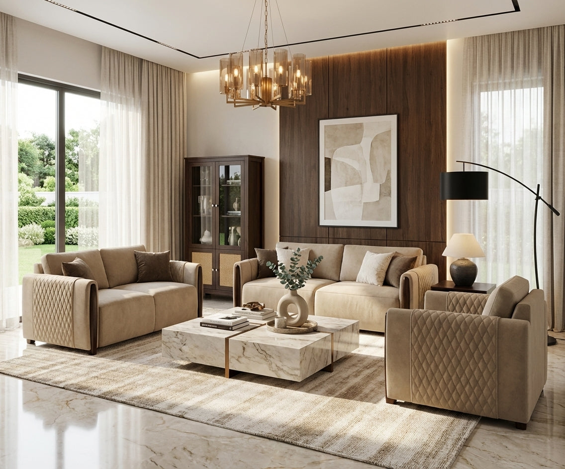 Samson beige velvet sofa set in a chandelier-lit panelled living room