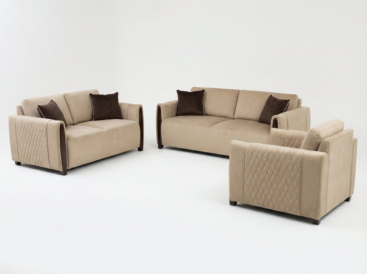 Samson beige velvet sofa set in a chandelier-lit panelled living room