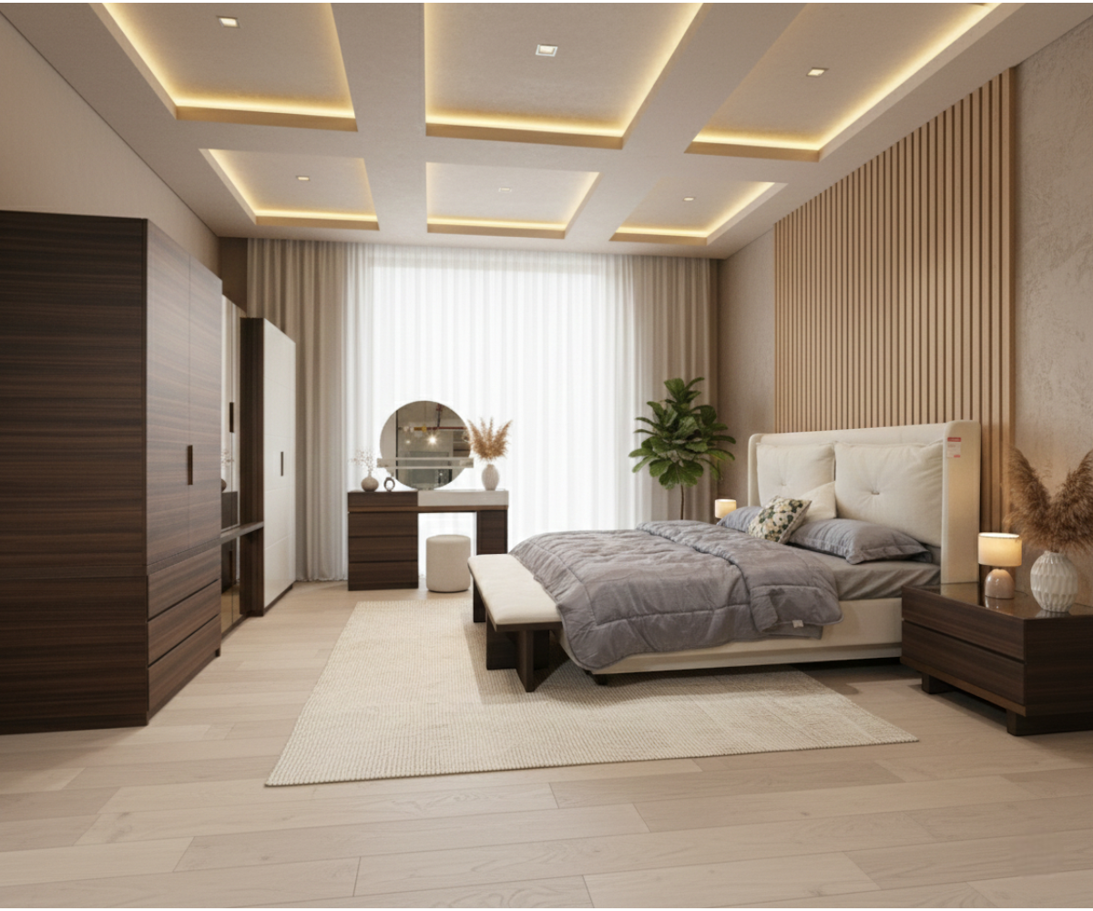 SARDES walnut wingback bedroom set staged in a warm cove-lit room