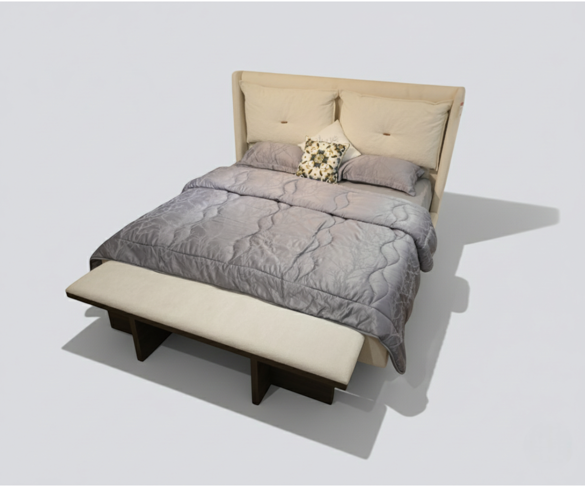 SARDES walnut wingback bedroom set staged in a warm cove-lit room