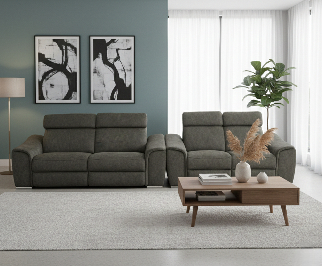 SCE3RE+2RE recliner sofa set in a living room with teal walls
