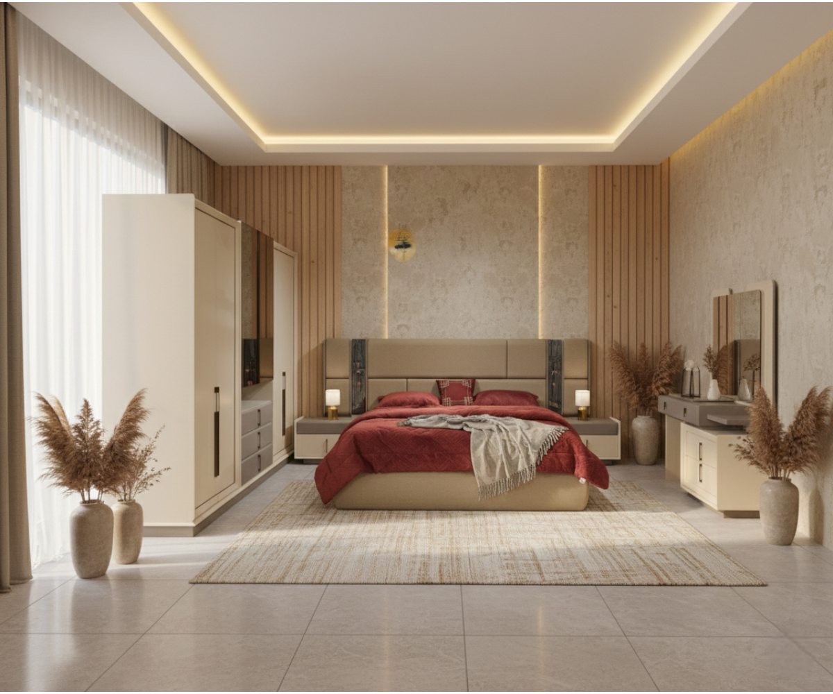 SEDI-IZNIK champagne luxury bedroom set staged in a warm room with red bedding