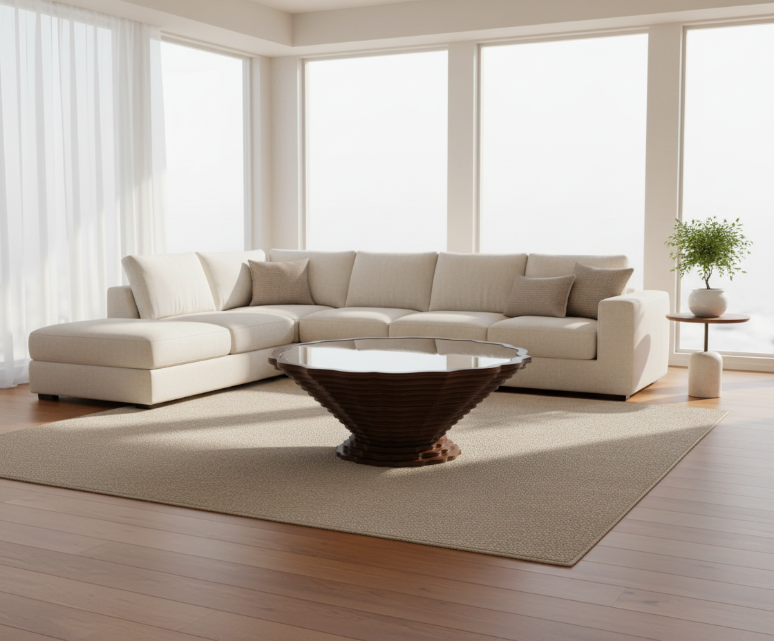 Selena tiered wood glass table in a bright city-view living room