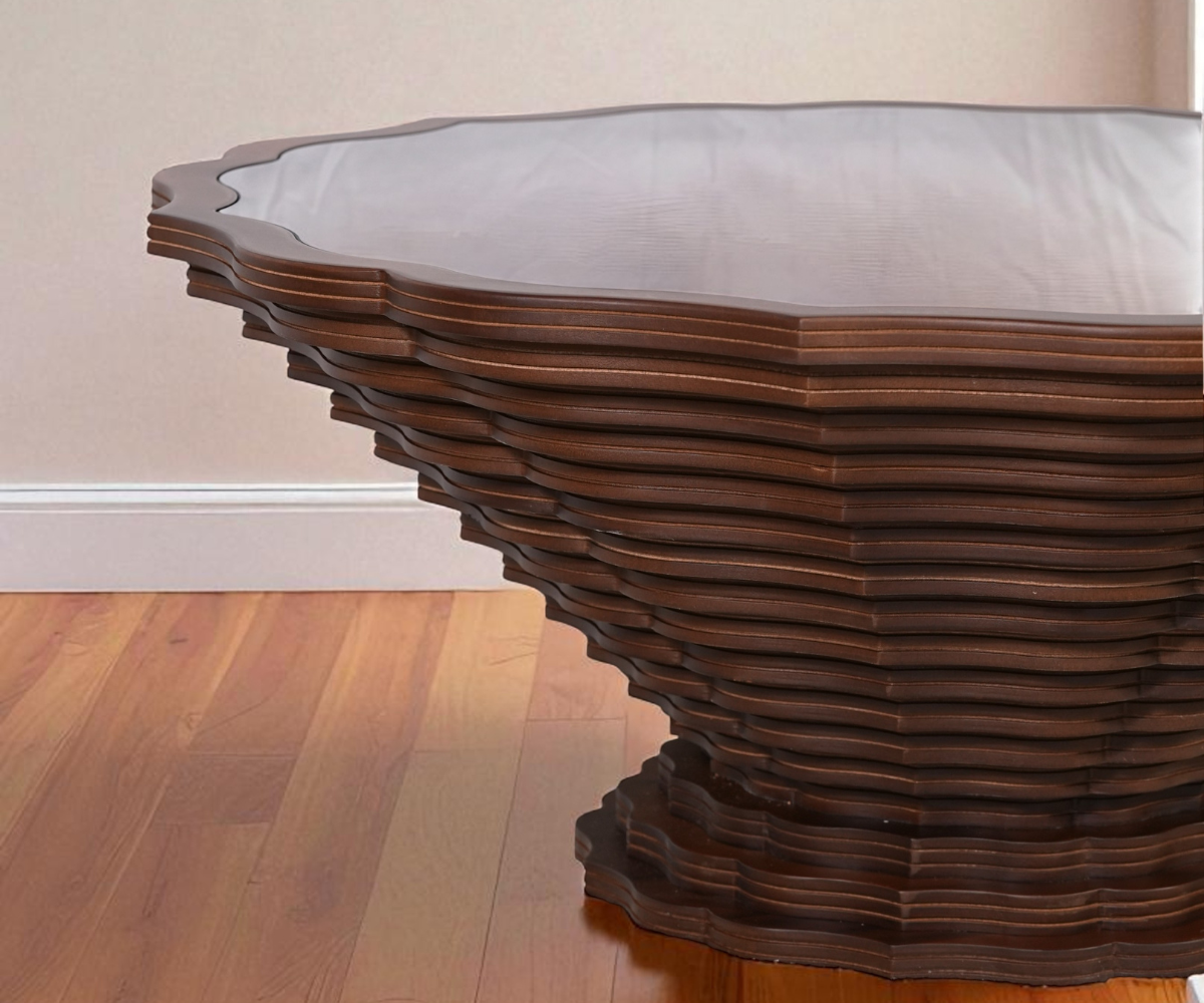 Selena tiered wood glass table in a bright city-view living room