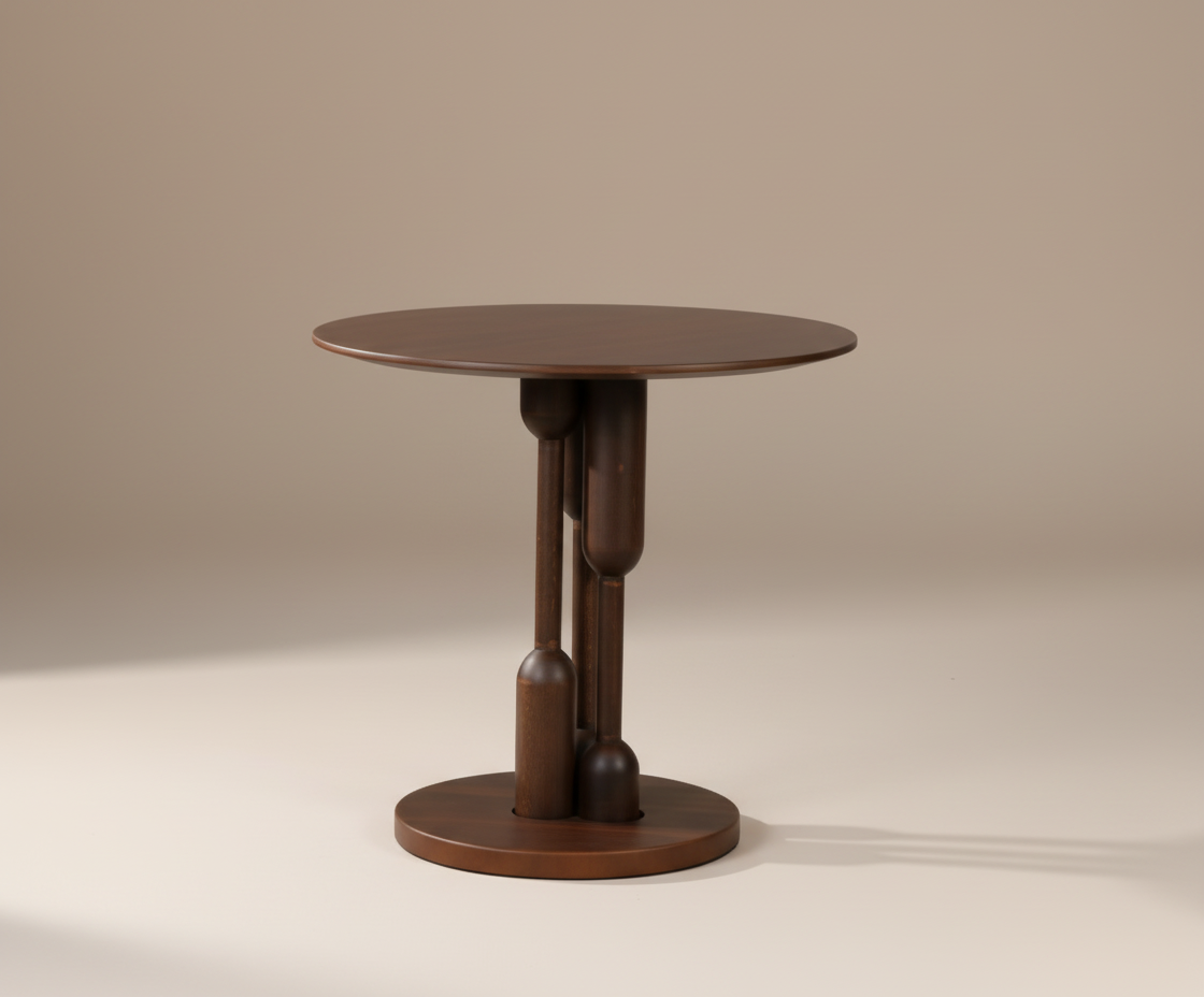 SENA dark walnut table, front view with a round top on turned legs