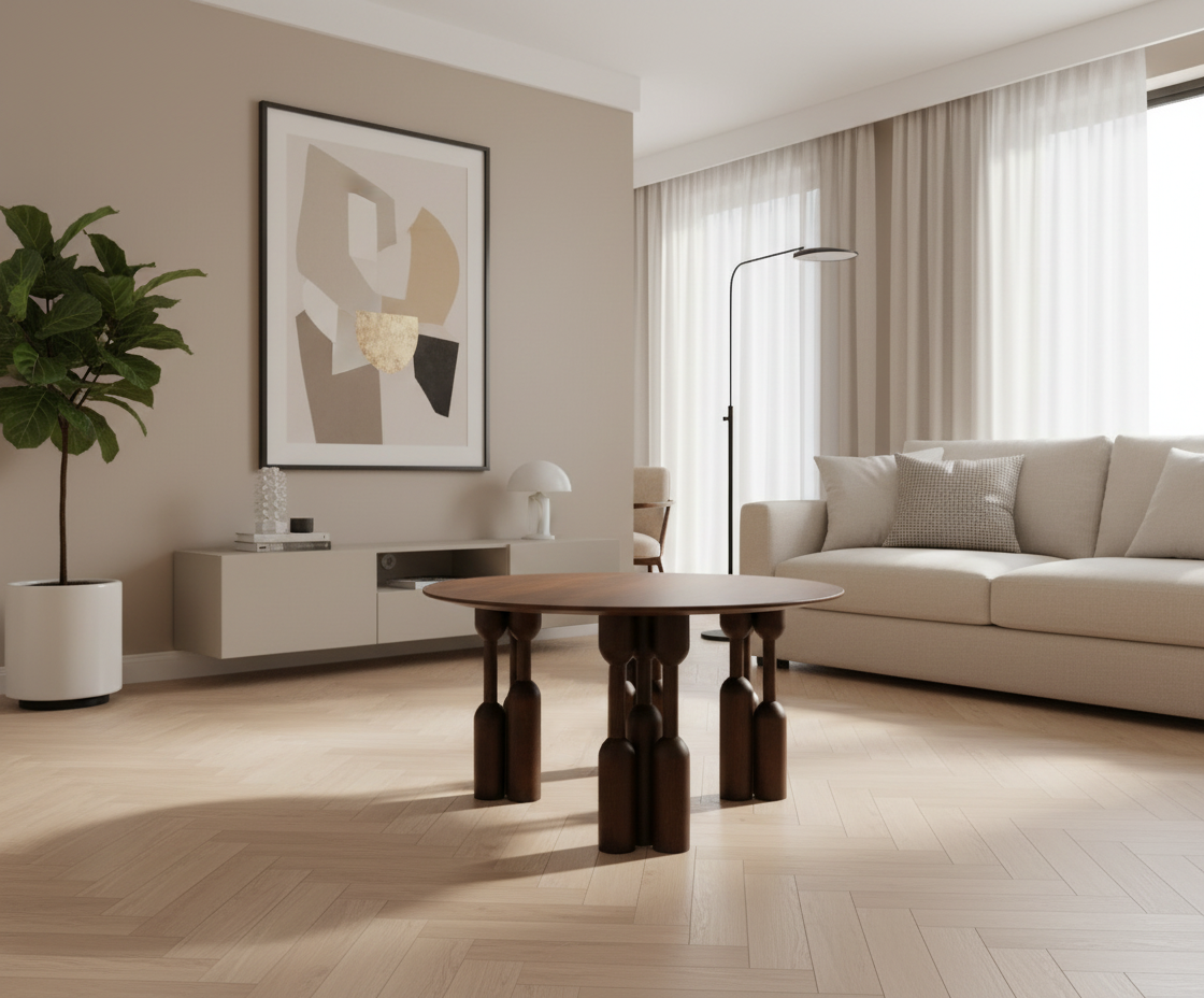 Sena round walnut table in a bright minimal living room