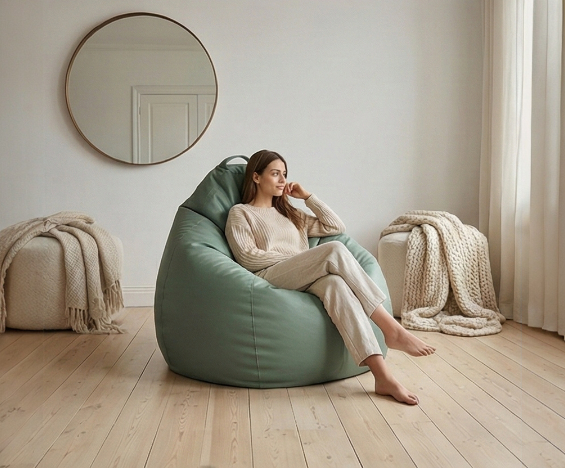 Serene sage bean bag in a bright room, with a person seated by a round mirror