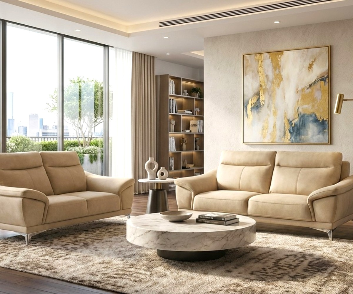 SFC002 beige microfiber sofa set in a bright city-view living room