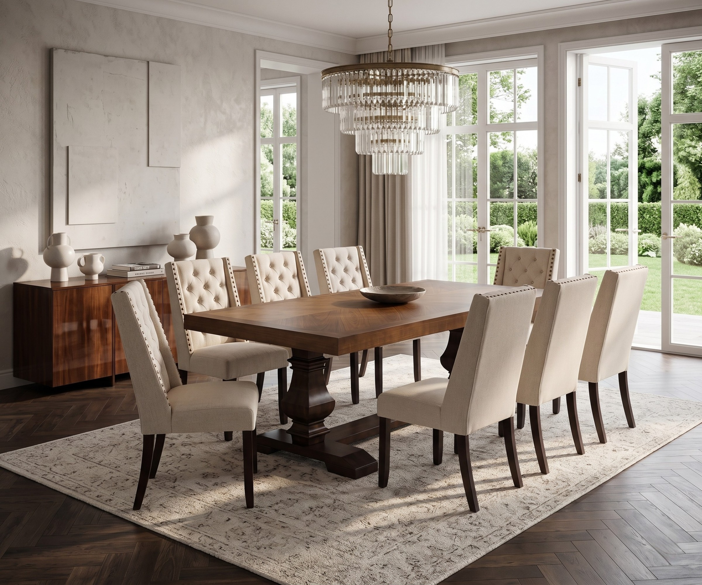 SHS 10063 dining table set SHS 10071 in a bright room with a tiered chandelier