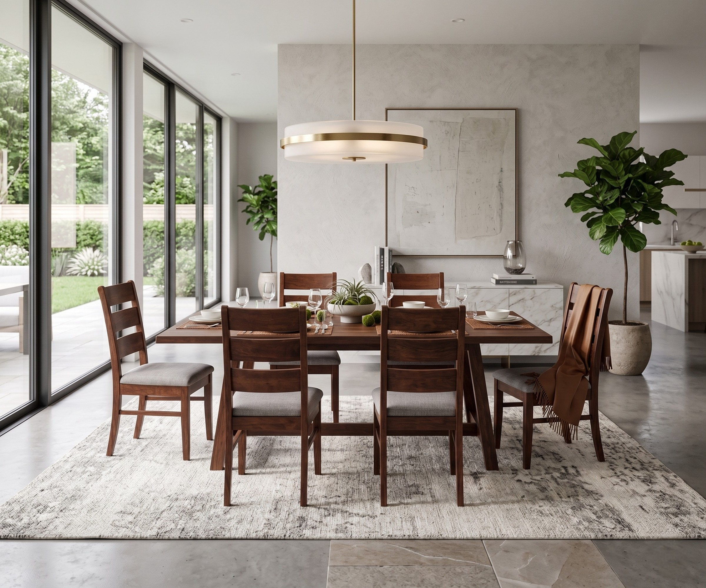 SHS 10087 dining table set in a bright dining room with a ring pendant light
