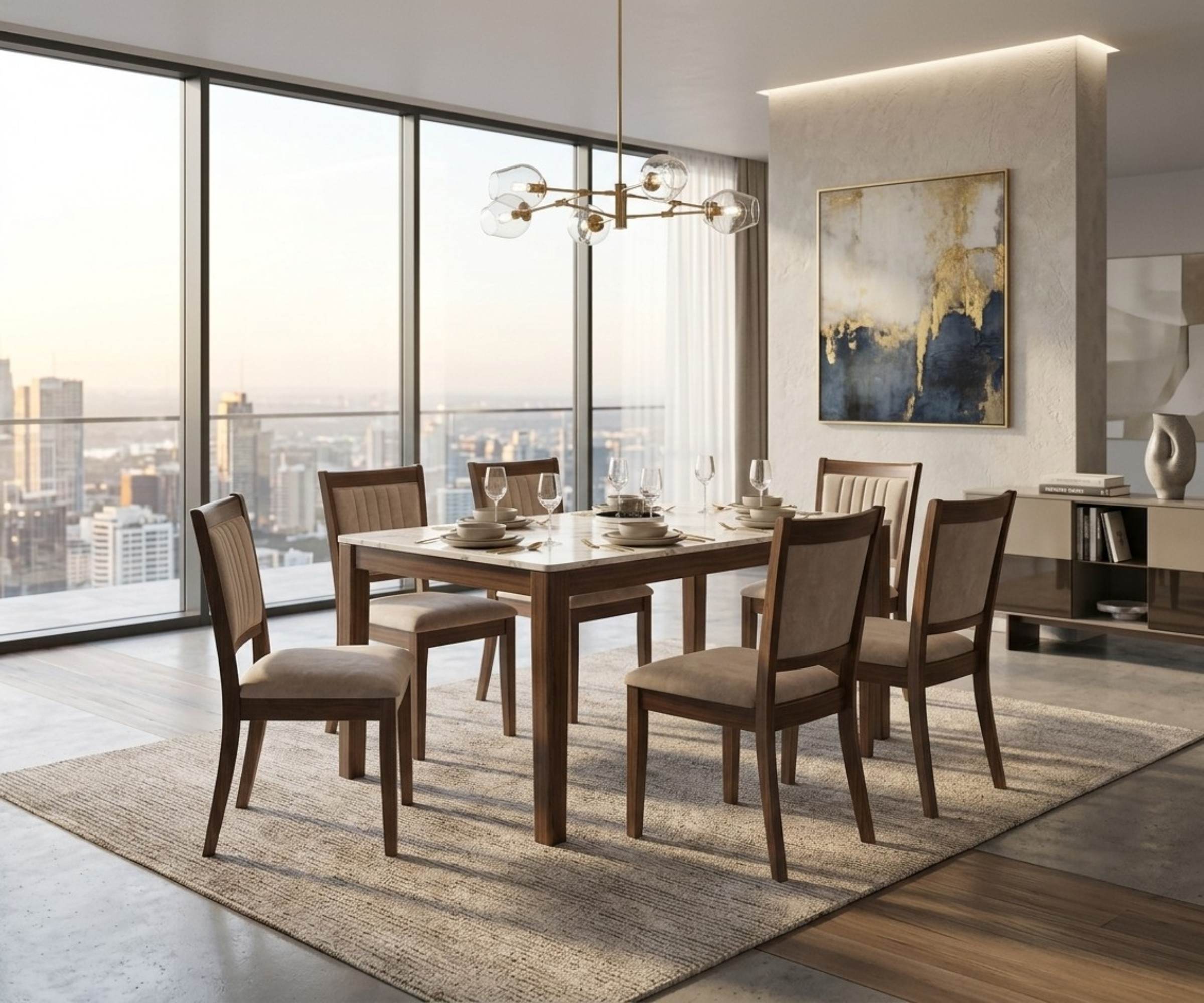SHS 10089 dining set white in a penthouse dining room at dusk