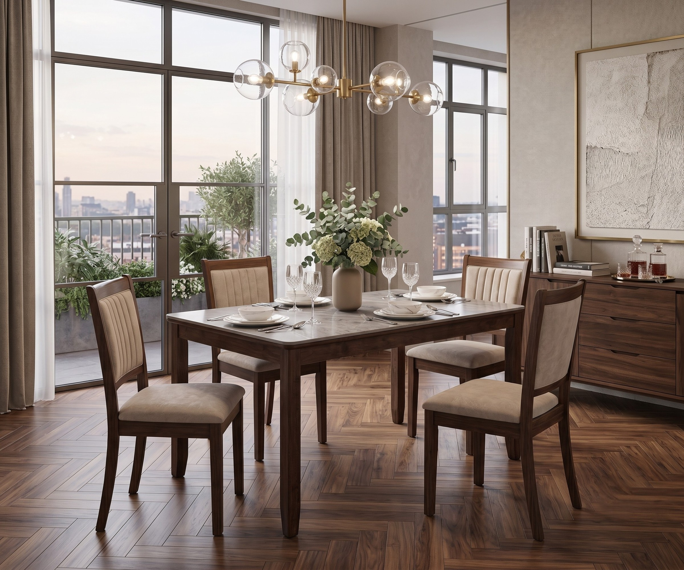 SHS 10089 dining set grey in a city-view dining room on herringbone flooring