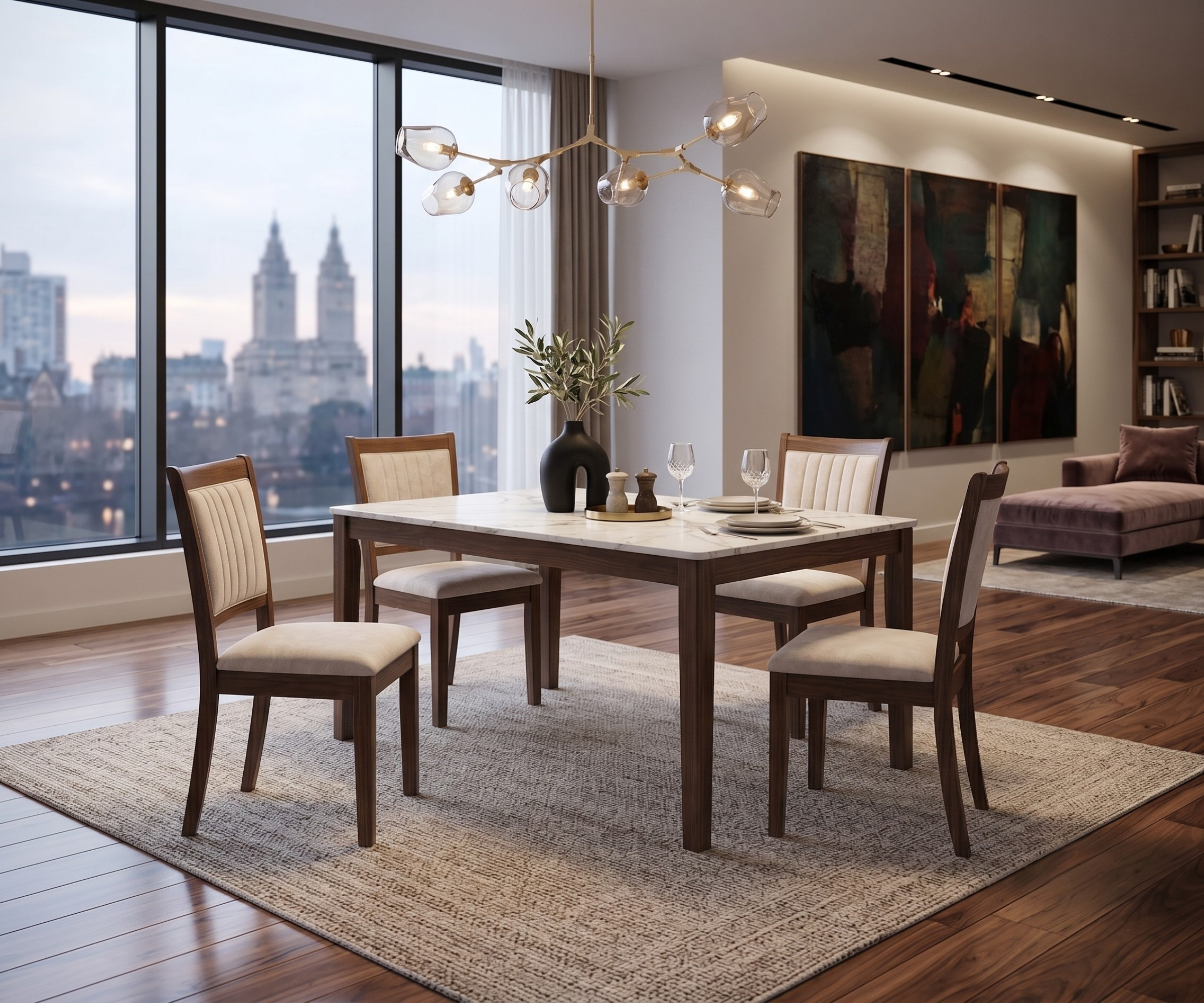 SHS 10089 dining set in white, staged in a city-view dining room