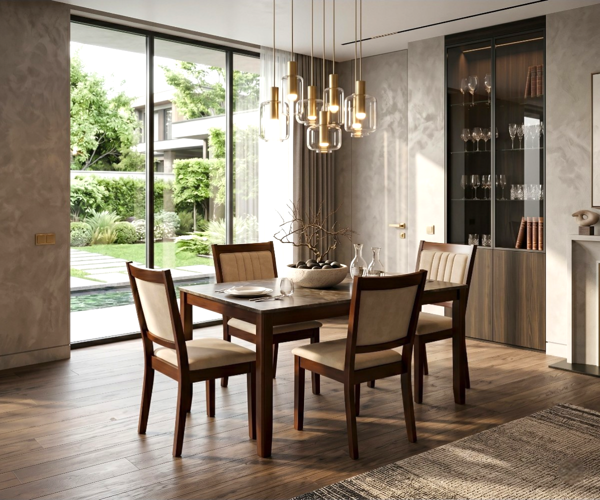 SHS Zellige Court dining set in black, in a garden-view dining room