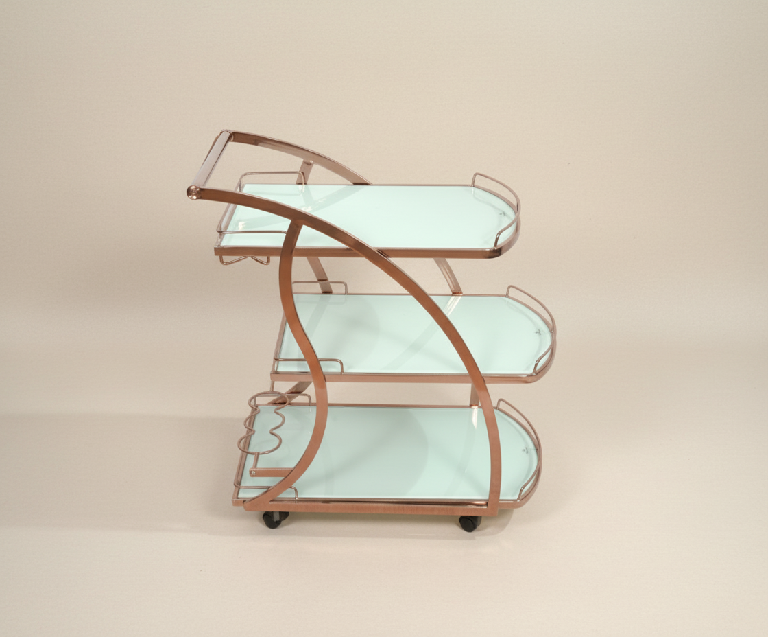 SIDE TABLE TROLLEY A3, angled view with three glass tiers on a curved frame