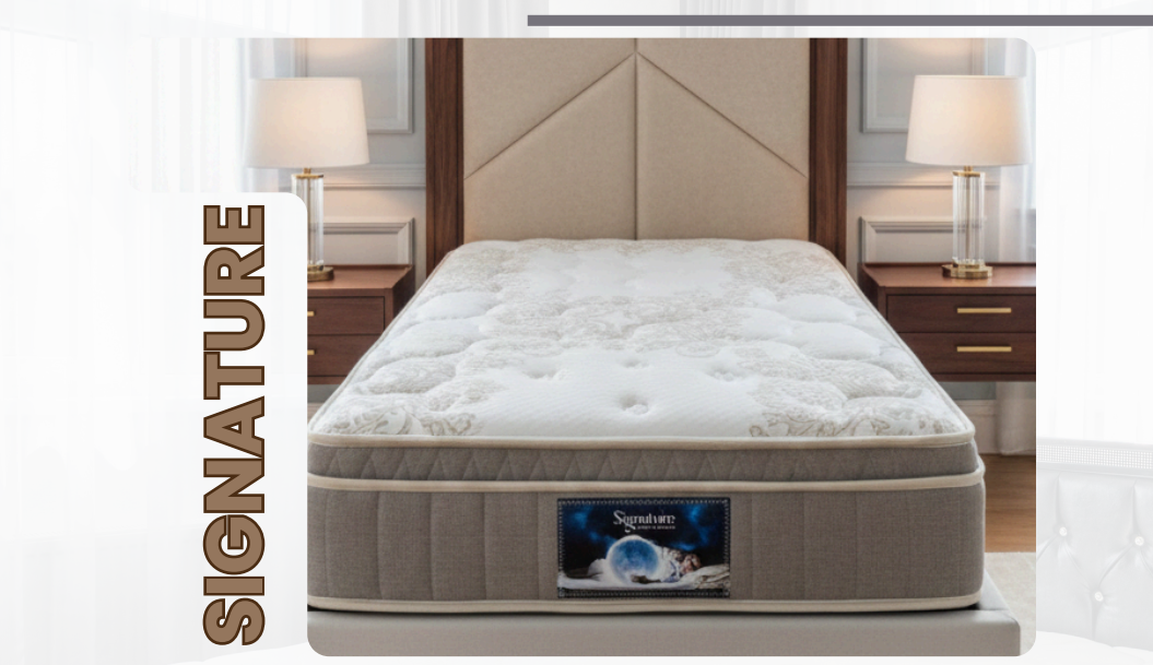 Signature pillow-top mattress with a beige border, against a geometric panelled headboard