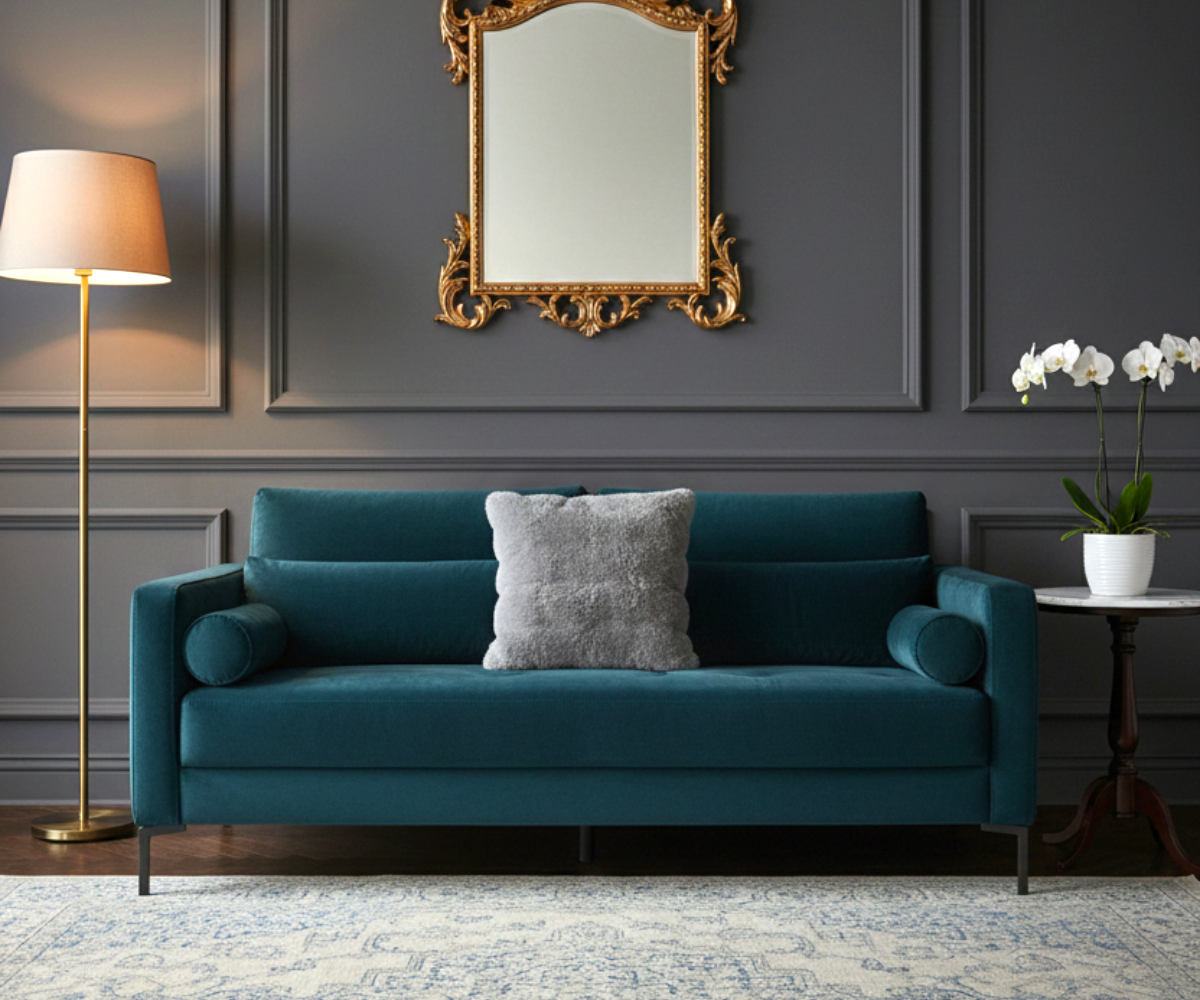 Slate faux fur cushion cover on a teal sofa in a dark panelled room