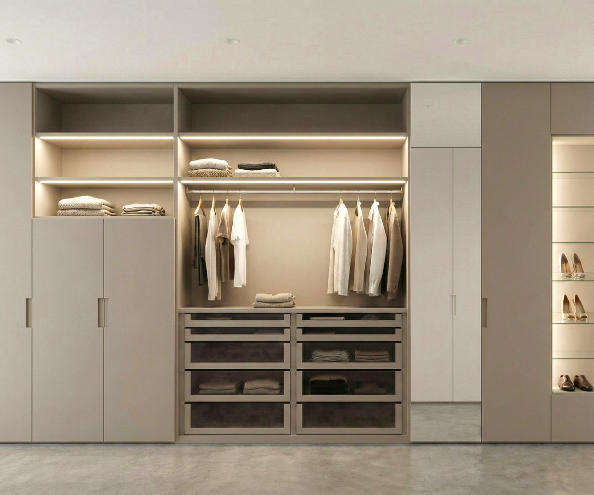 Sleek minimalist walk-in closet with lit shelving, drawers and shoe racks