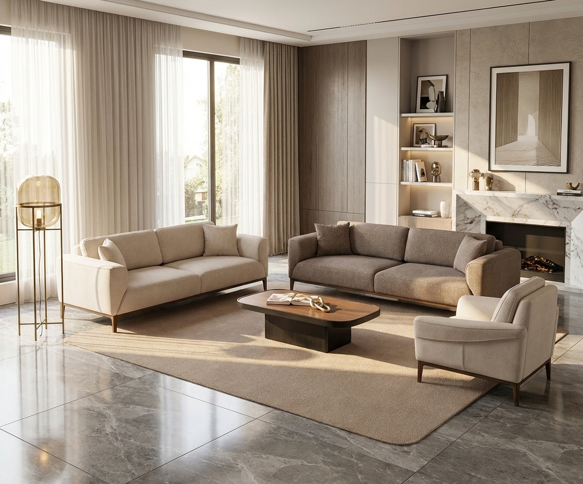 Smart beige fabric sofa set in a marble-floored room with a fireplace