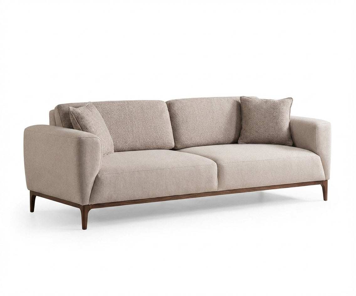 Smart beige fabric sofa set in a marble-floored room with a fireplace