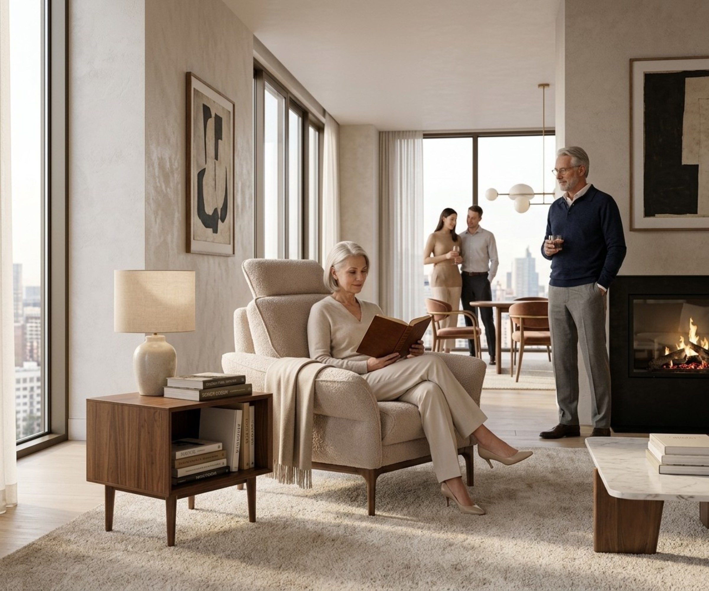 SMART sofa set armchair, in a city-view living room beside a fireplace