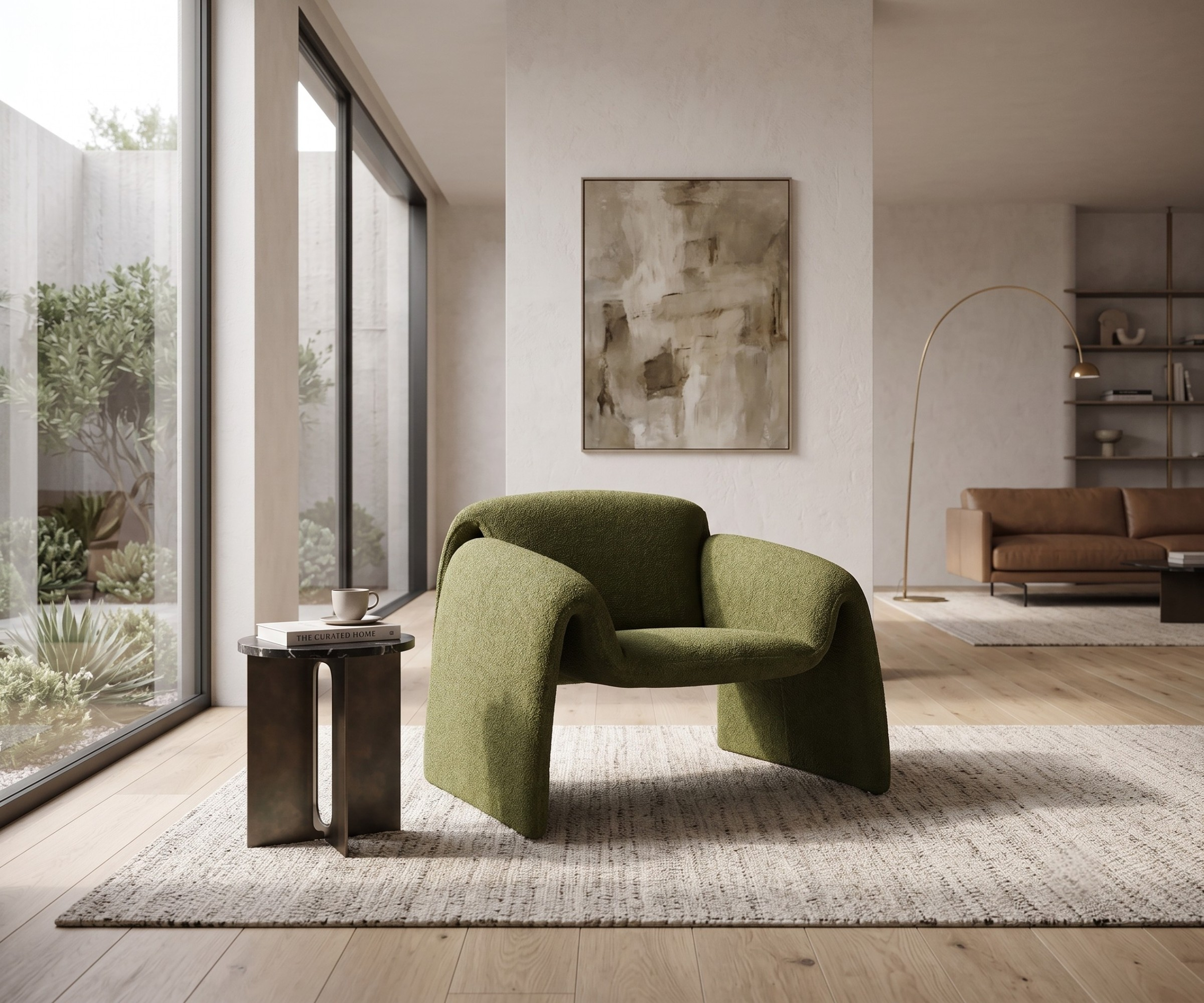 Sofa chair CH-02 green, in a bright living room beside a garden window