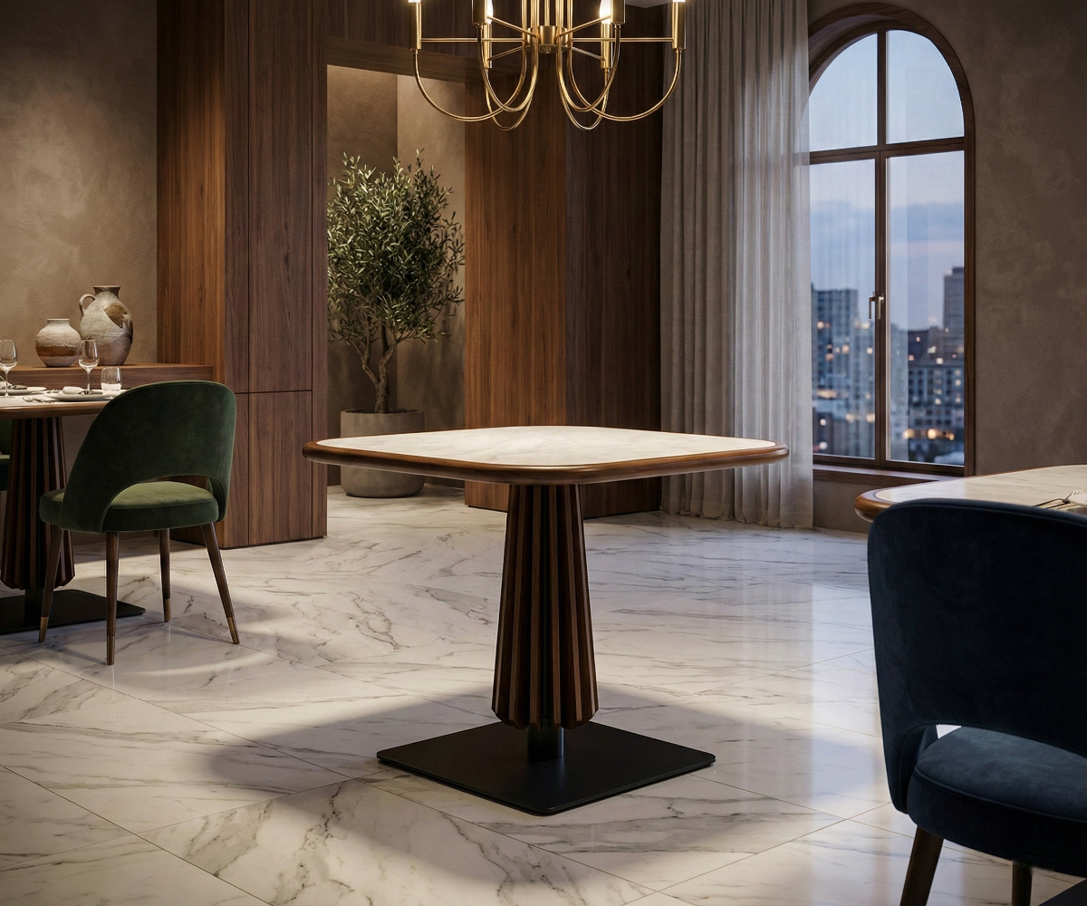 Solara pedestal table in a city-view restaurant beside green velvet chairs