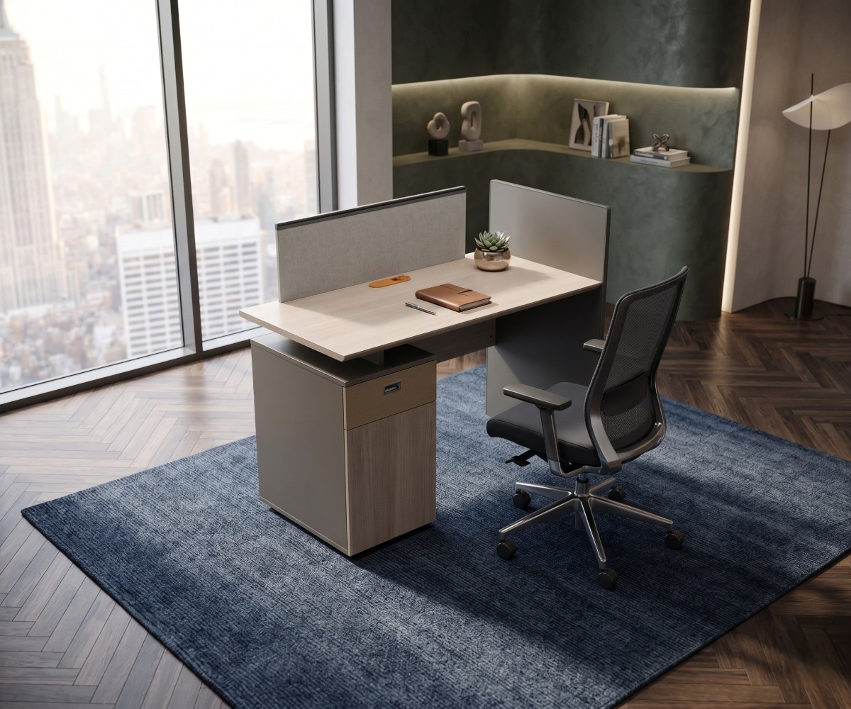 Solo executive workstation desk on a blue rug in a city-view office
