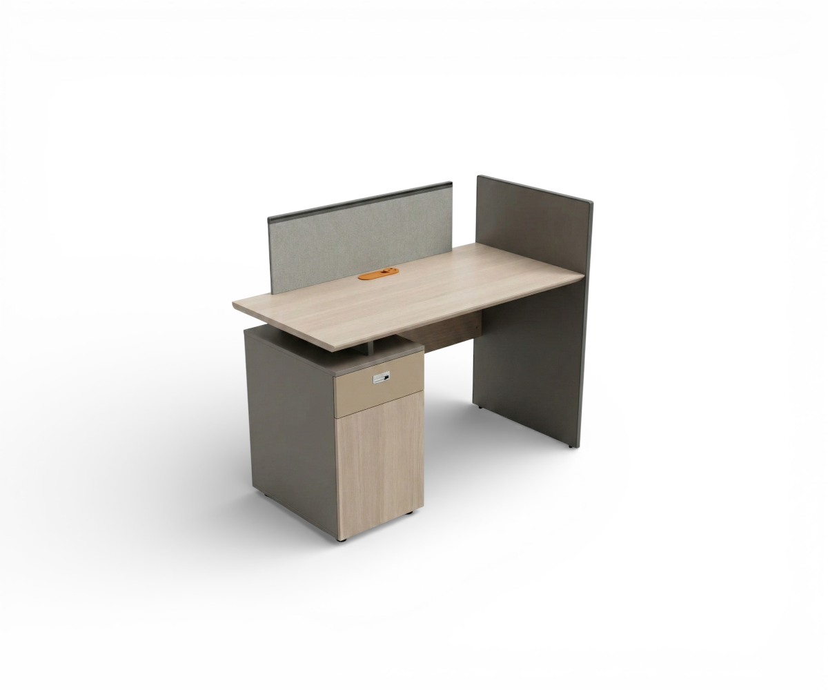 Solo executive workstation desk on a blue rug in a city-view office