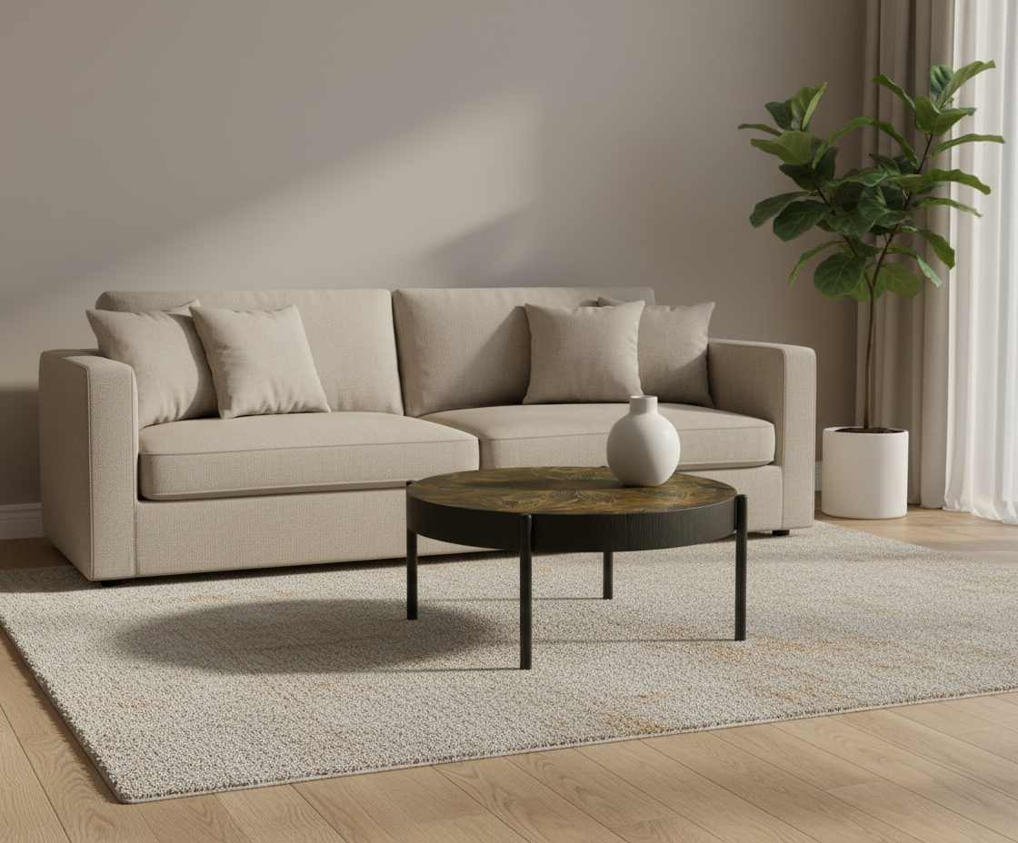 Solo Orta gold marble table beside a cream sofa in a bright room