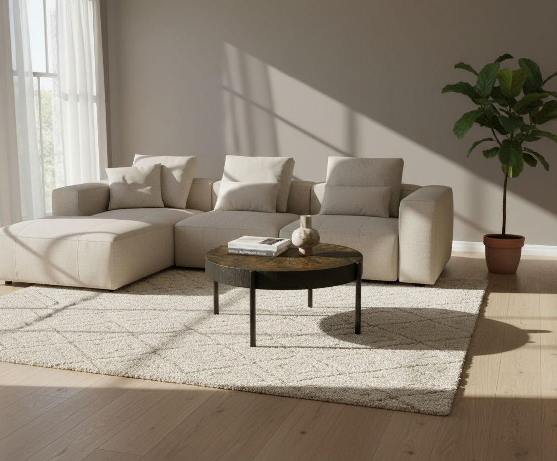 Solo Orta gold marble table beside a cream sofa in a bright room