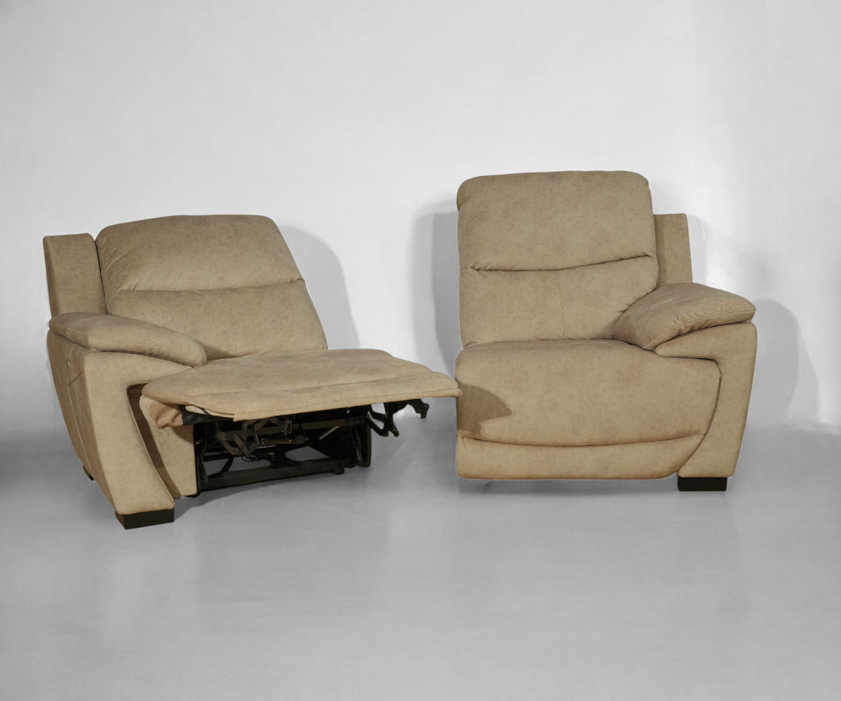 SON3RE+2RE beige recliner sofa beside a wood-burner in an alcoved living room