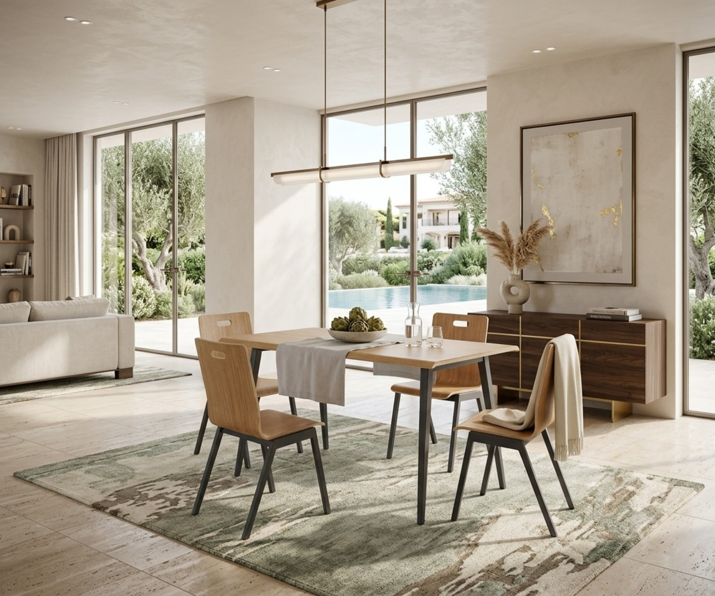 SQ-2104 dining set in a bright dining room beside a pool-view window