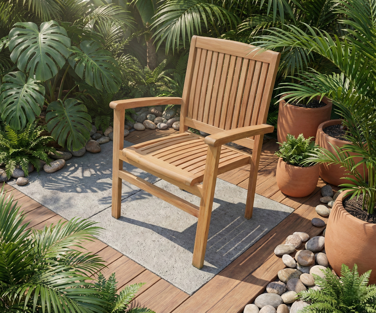 STACKING chair MARTINE, teak armchair on a decked terrace among palms