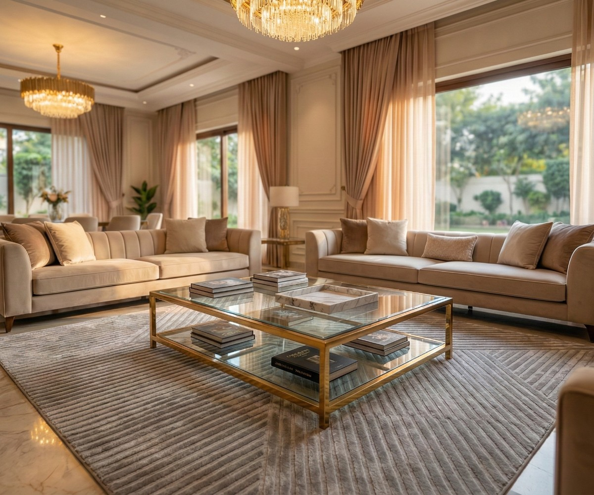 STRATOS silver geometric textured rug, 150x230 cm, in a chandelier-lit lounge