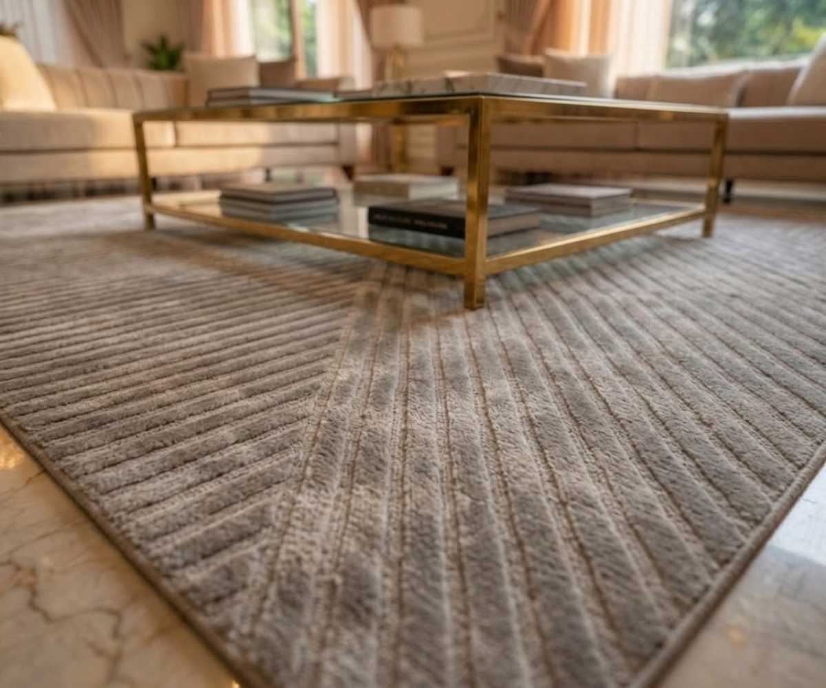 STRATOS silver geometric textured rug, 150x230 cm, in a chandelier-lit lounge