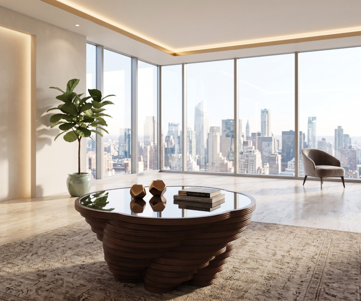 Sultan round walnut table in a bright city-view living room