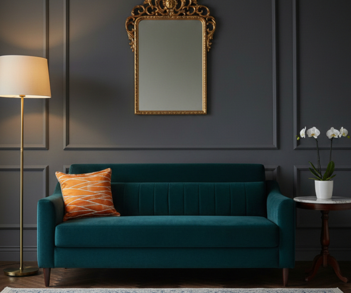 Sunset chevron cushion cover on a teal sofa in a dark panelled room