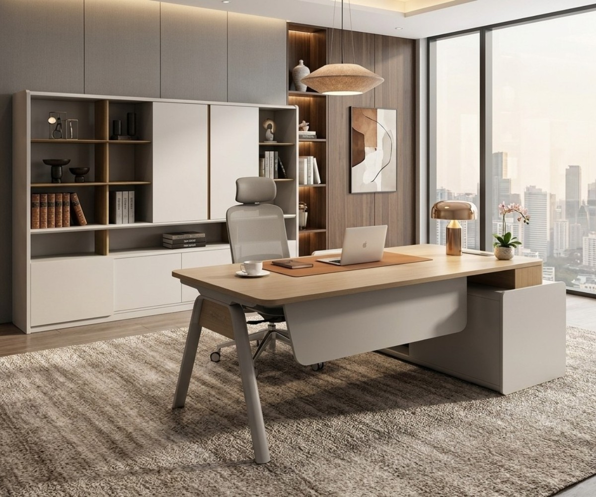 SY-2522T-16 L-shaped desk in a bright office with fitted shelving