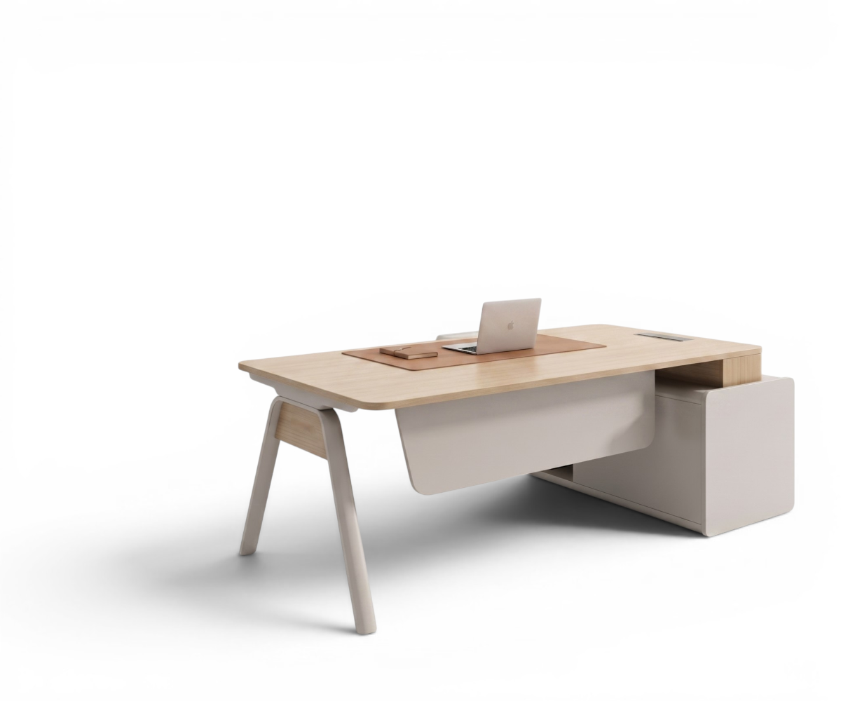 SY-2522T-16 L-shaped desk in a bright office with fitted shelving