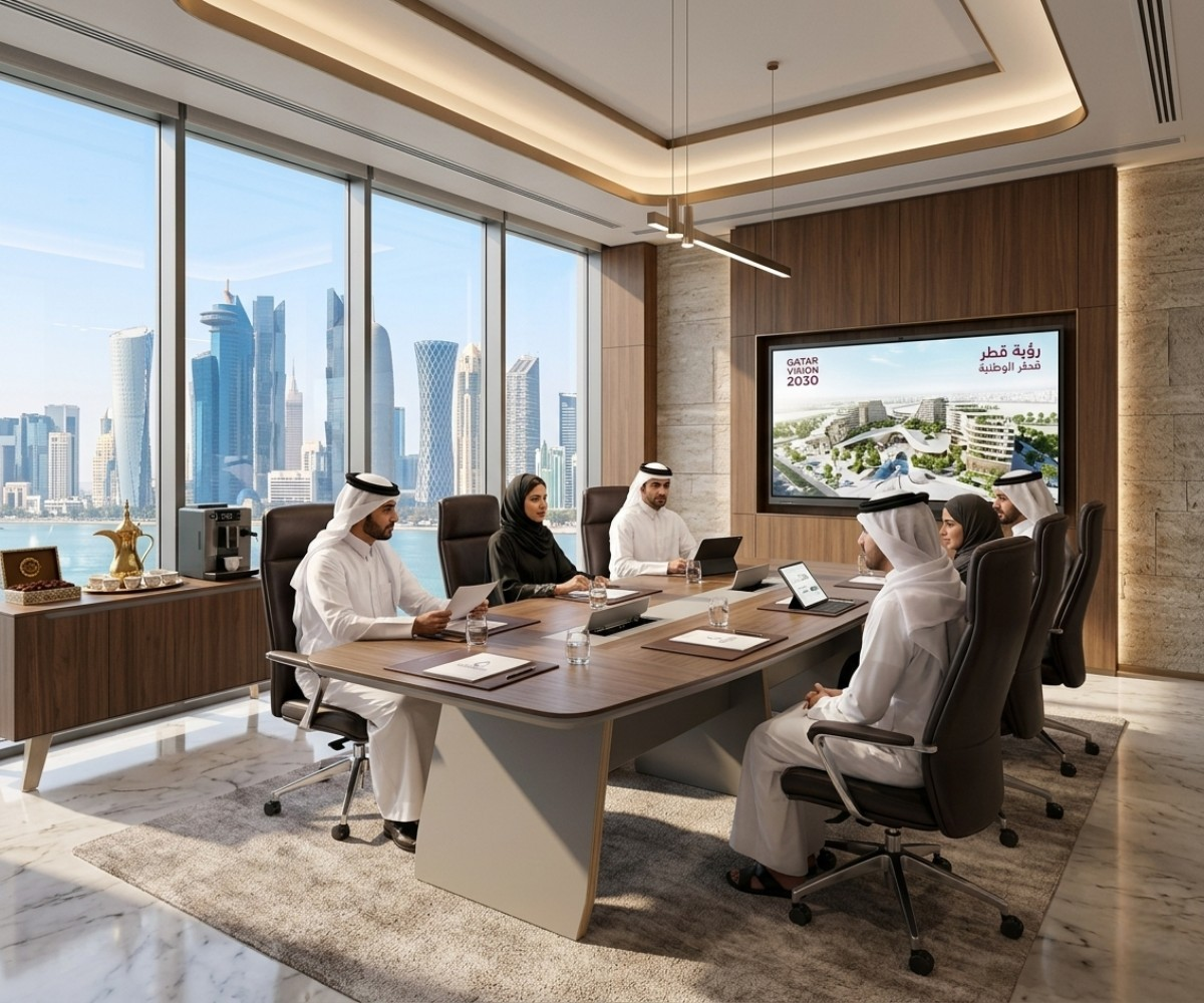 SY-HY8809-48 grand boardroom table with people seated in a harbour-view boardroom