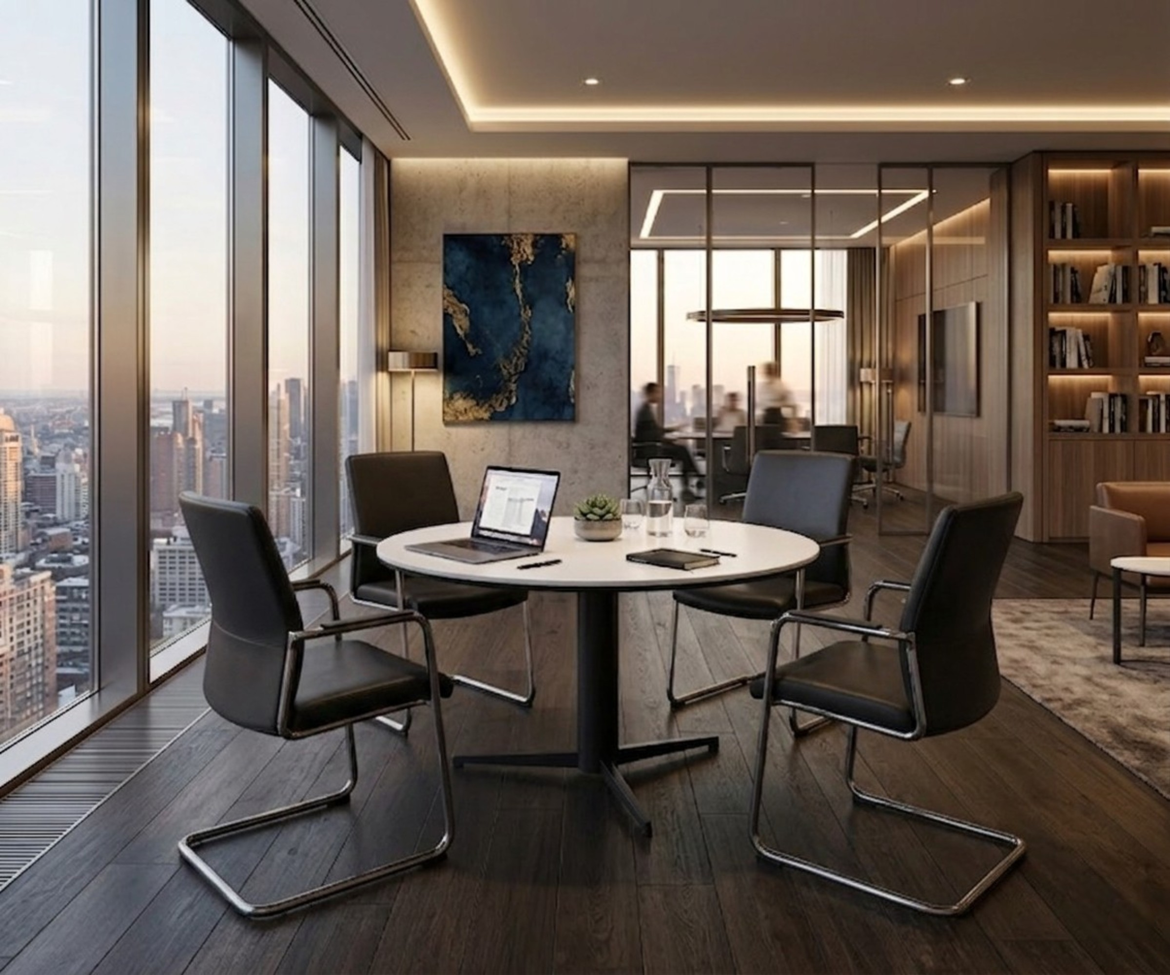 SY-QT6638-8 small round table with four chairs in a city-view meeting room