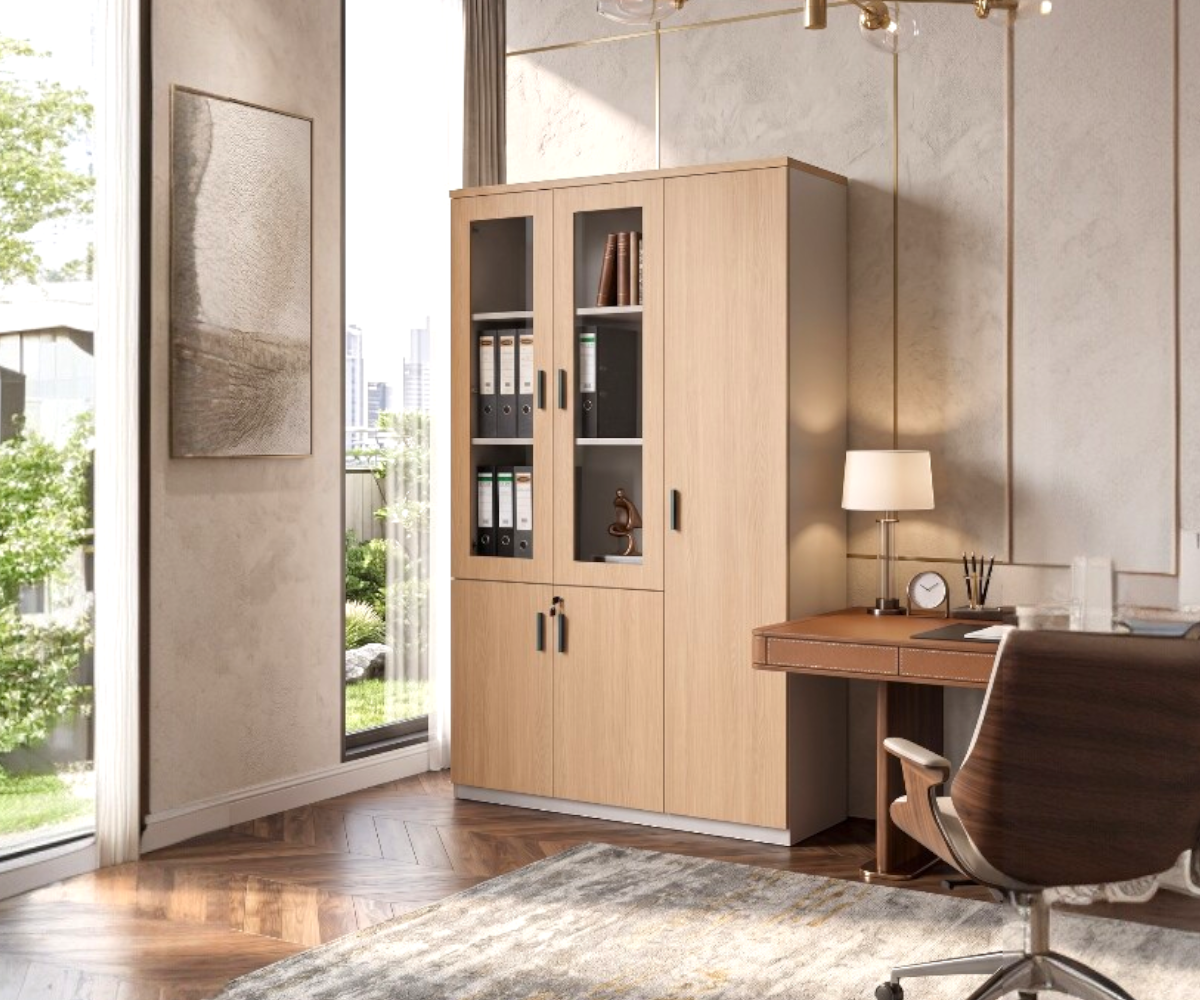 SY-SG6615-3 oak office cabinet beside a desk in a bright room