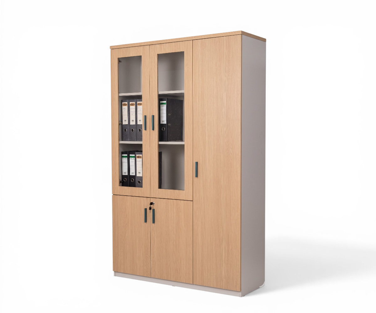 SY-SG6615-3 oak office cabinet beside a desk in a bright room