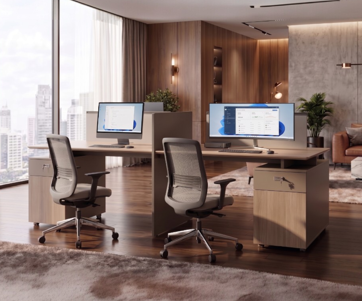 SY-ZY8832-2S oak bench workstation in a wood-panelled open-plan office
