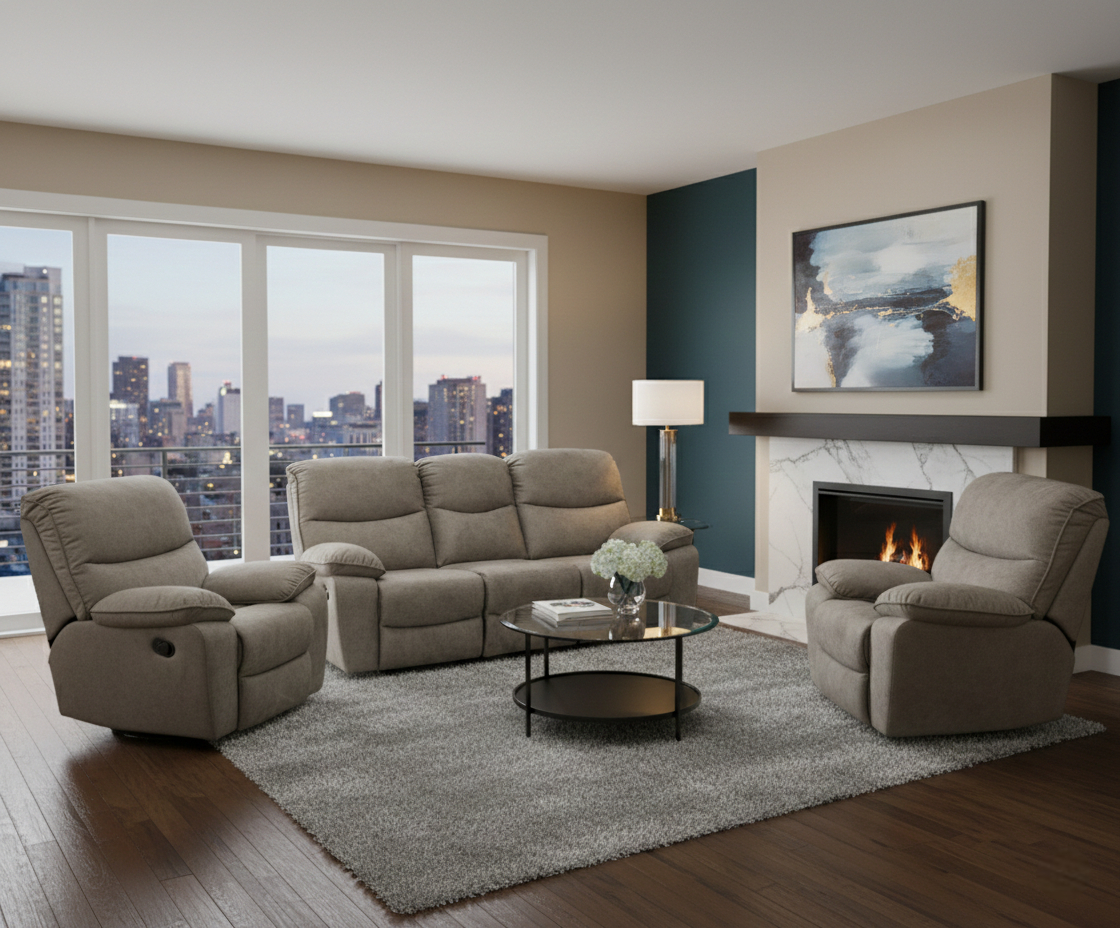 SZN03R fabric recliner sofa set in a city-view living room with a fireplace